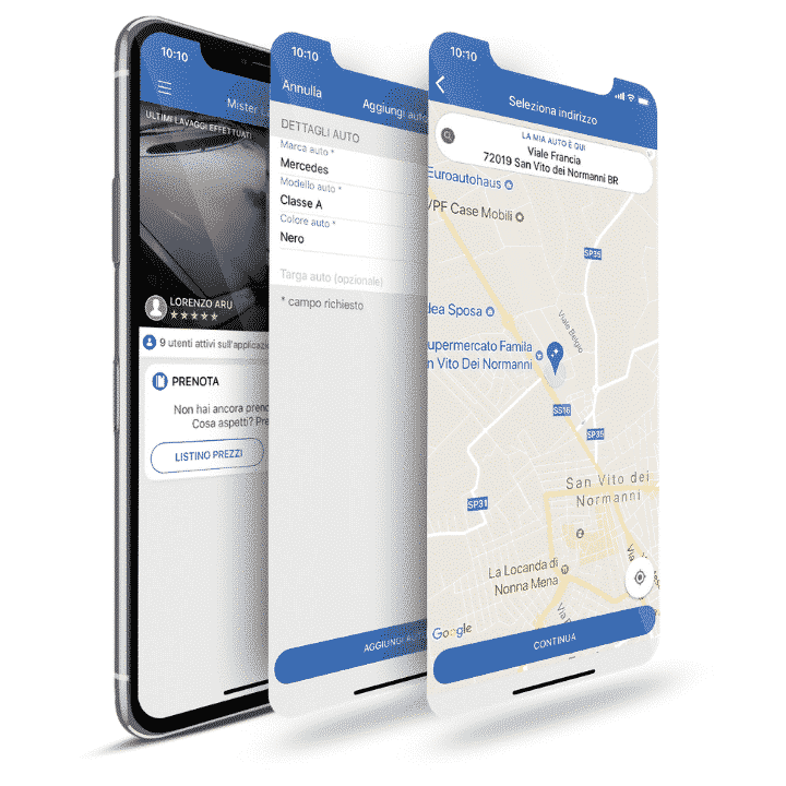 selezione luogo e modello auto per lavaggio tramite app