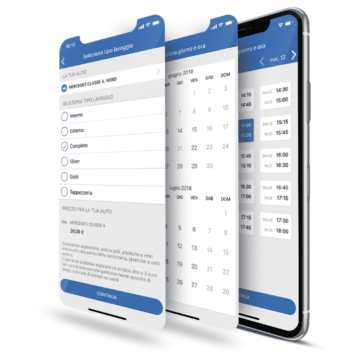selezione tipo di servizio data e orario per lavaggio tramite app